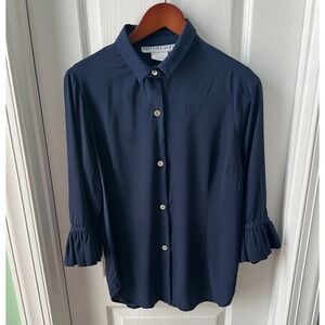 Gretchen Scott Womens Blouse Navy Blue Ruffle 3/4 Sleeve Button Up Size M